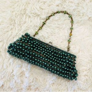 Vintage Green Beaded Satin Dressy Handbag